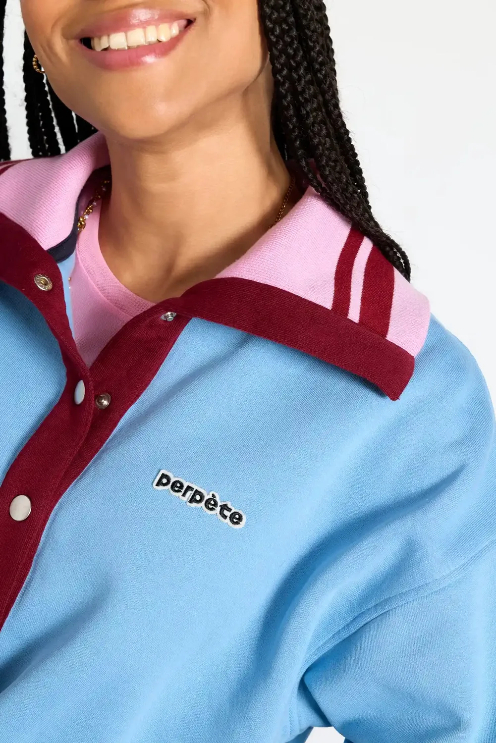 Perpète Vanessa sweat bleu col boutonné coton bio