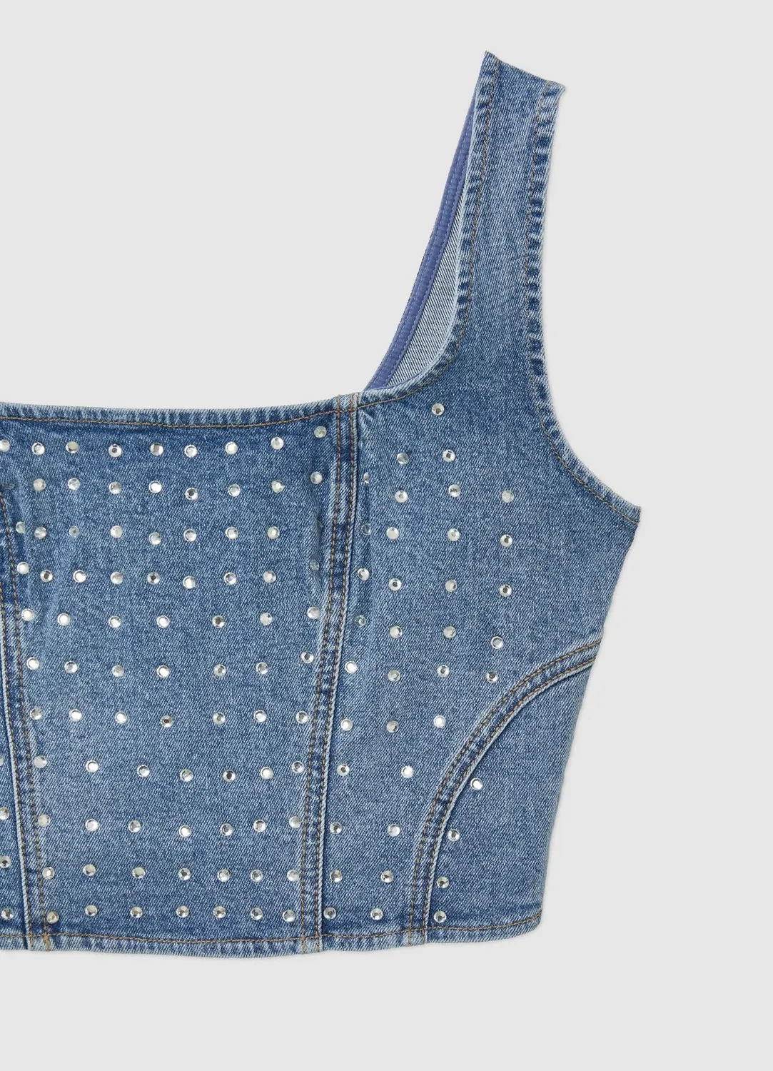 Calliope top crop denim strass bretelles larges