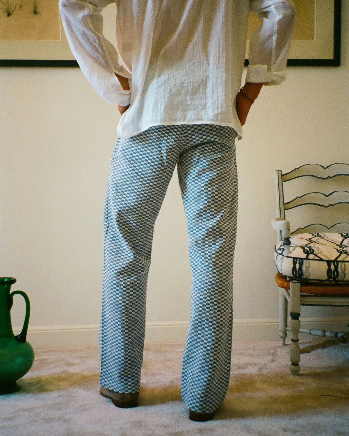 EREVAN Capon pantalon damier bleu coupe d’été
