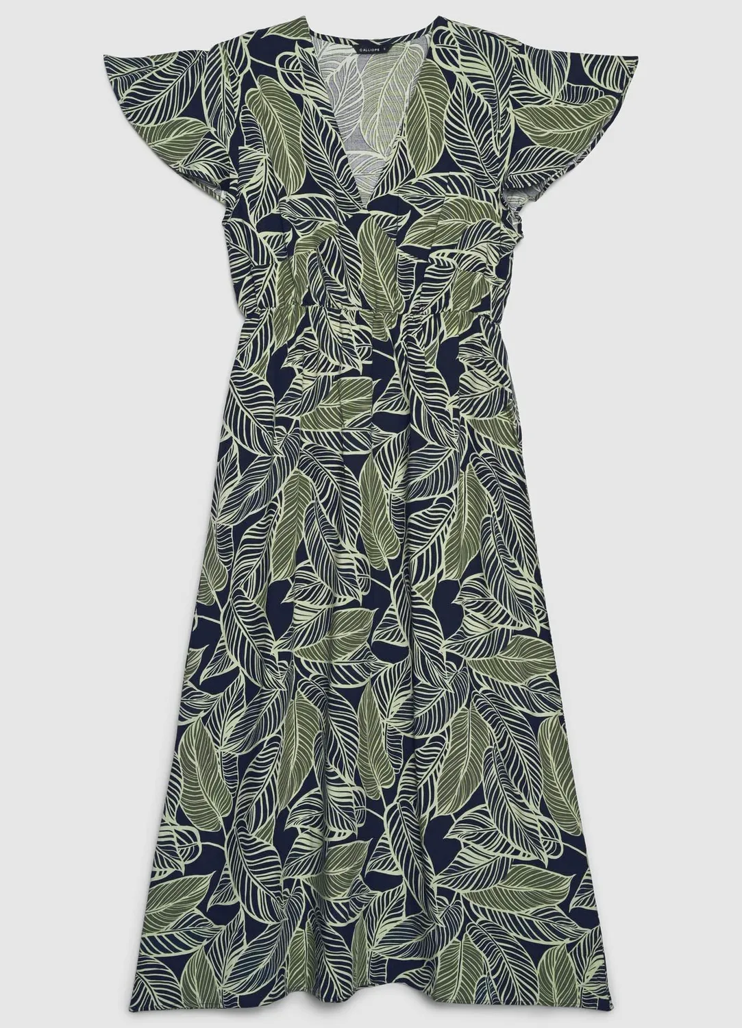 Calliope robe longue imprimé feuilles col V XS-XXL fluide