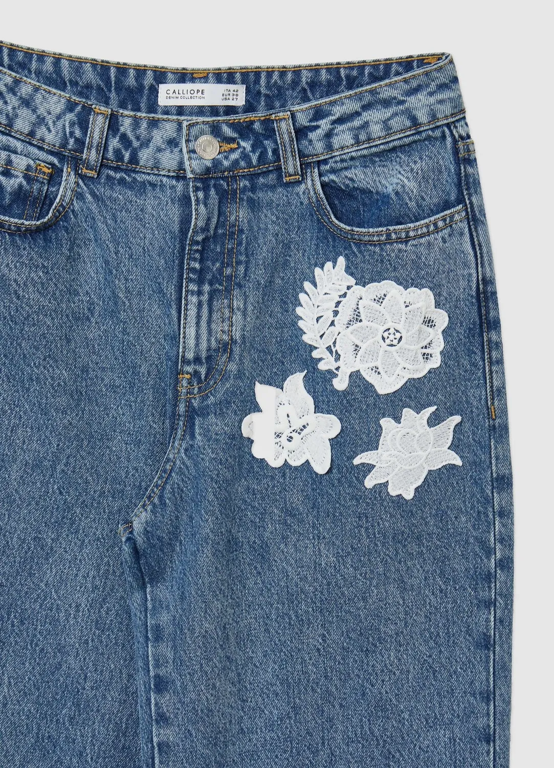 Calliope jean dentelle macramé femme coupe longue